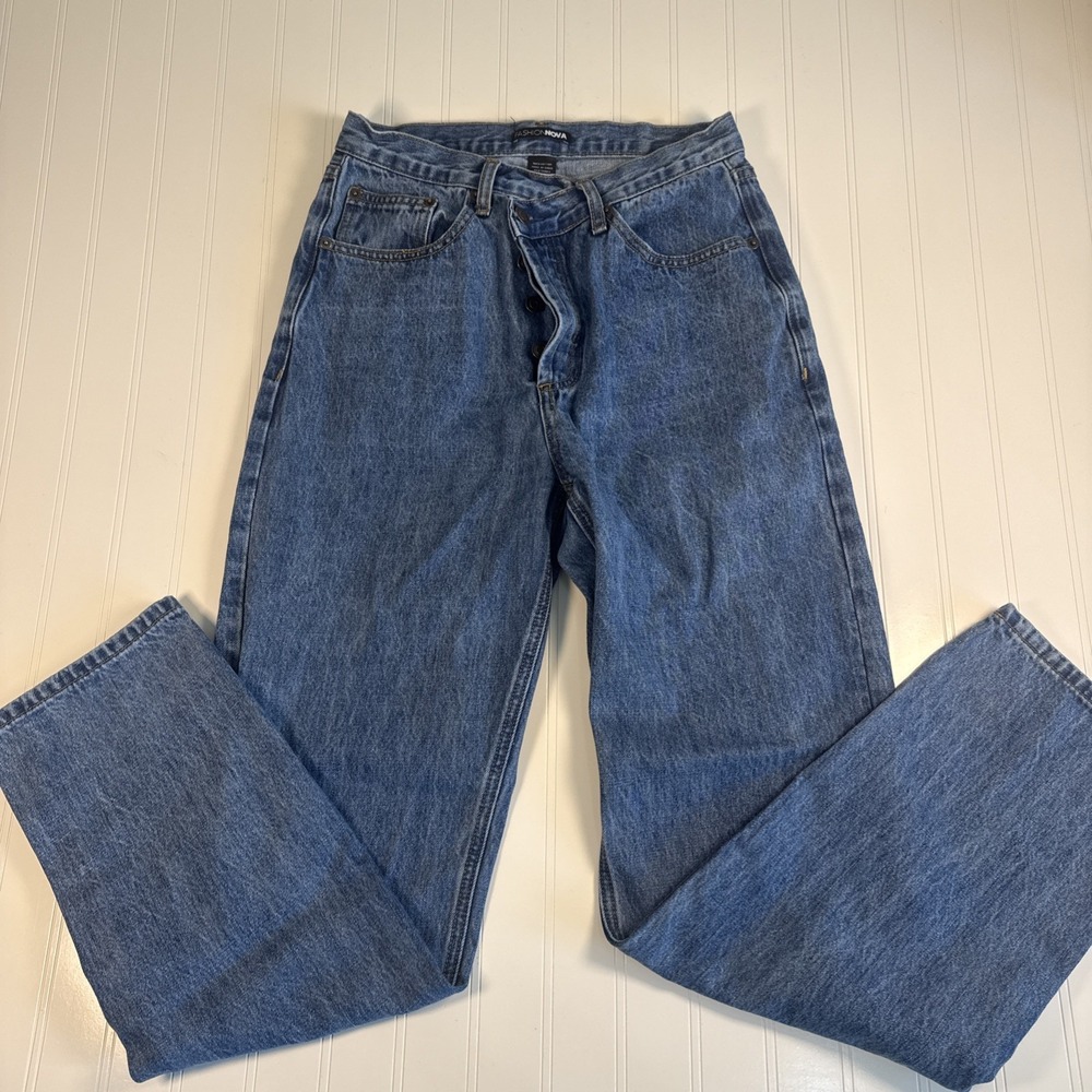 Fashion Nova Crossover Straight Leg Jeans‎ Womens 5 Blue Med Wash Denim Y2K Acid